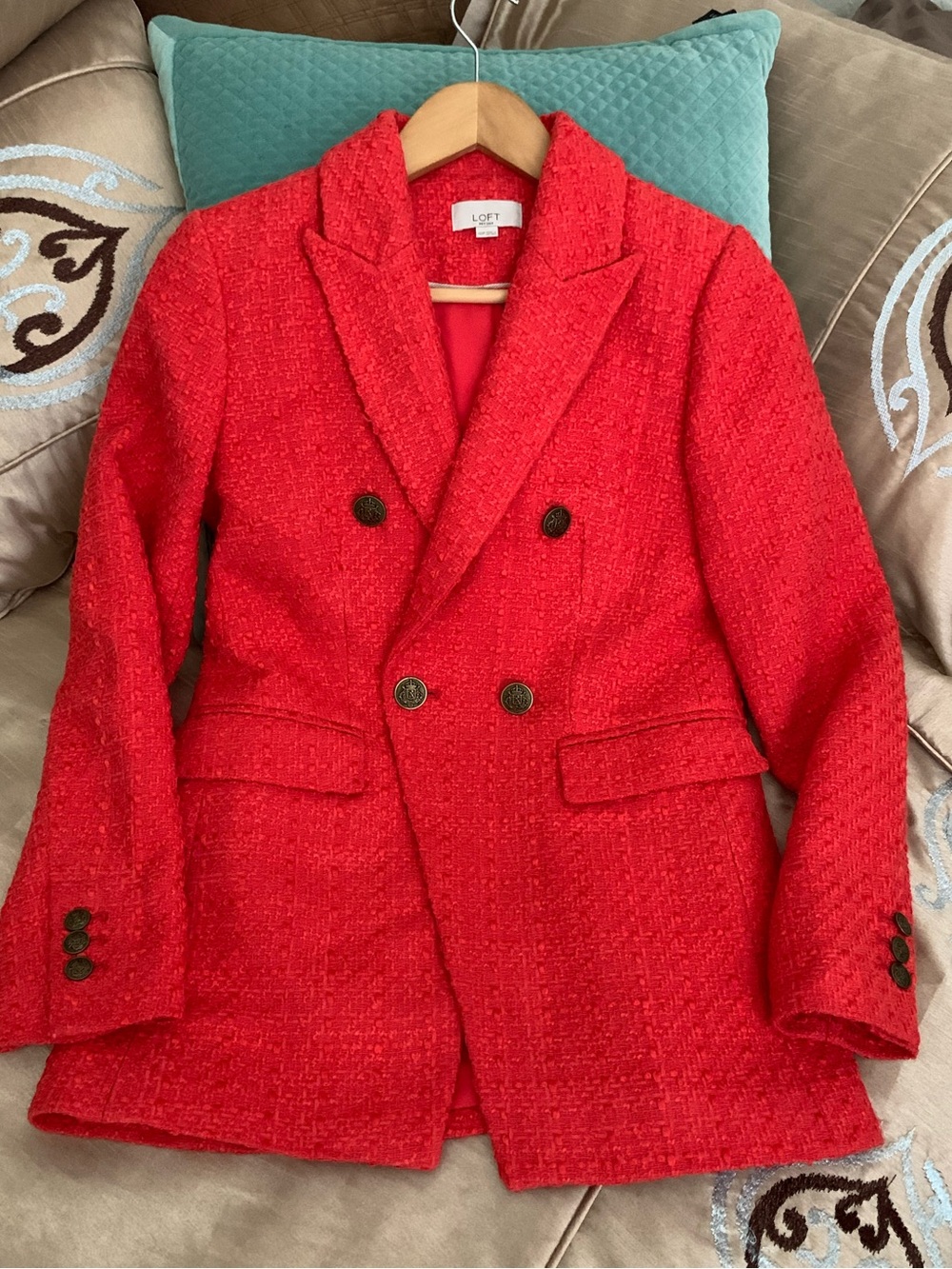 Ann Taylor Red Tweed Boucle Double-Breasted Blazer